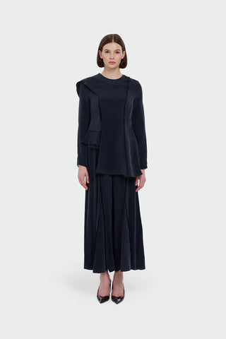 Asymmetric Draped Blouse & Wide-Leg Trouser Set - Navy Blue