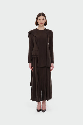 Asymmetric Draped Blouse & Wide-Leg Trouser Set - Brown