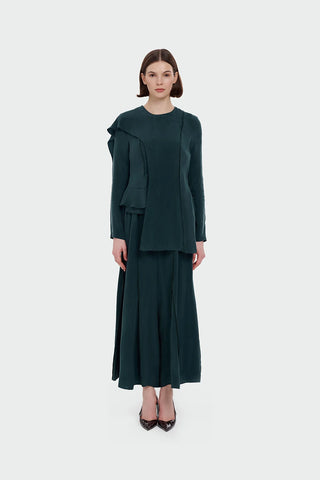 Asymmetric Draped Blouse & Wide-Leg Trouser Set - Emerald