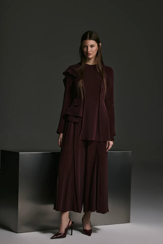 Asymmetric Draped Blouse & Wide-Leg Trouser Set - Burgundy
