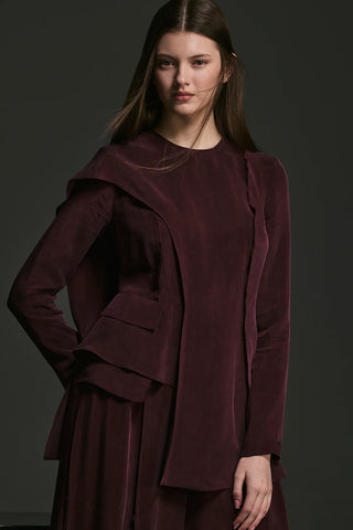 Asymmetric Draped Blouse & Wide-Leg Trouser Set - Burgundy
