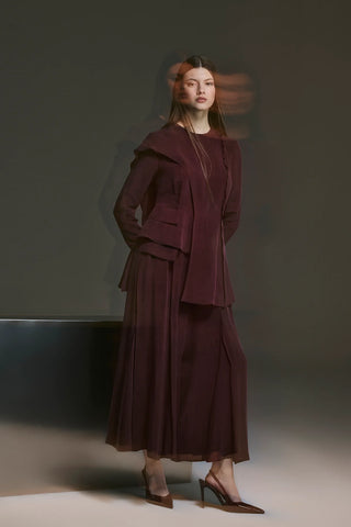 Asymmetric Draped Blouse & Wide-Leg Trouser Set - Burgundy
