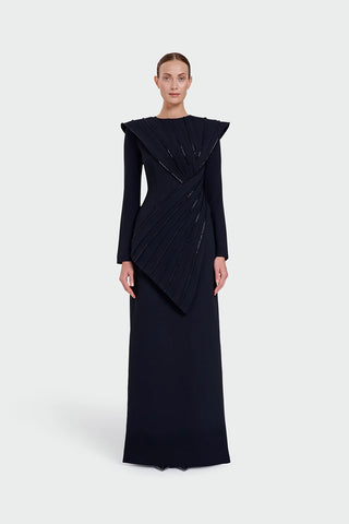 Asymmetric Strip Detail Evening Dress - Black