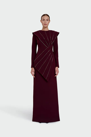 Asymmetric Strip Detail Evening Dress - Bordeaux