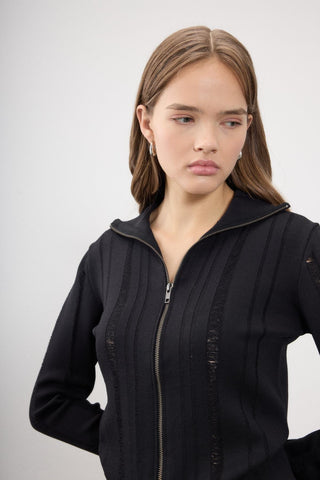 Asma Textured Knit Zip Jacket – Black