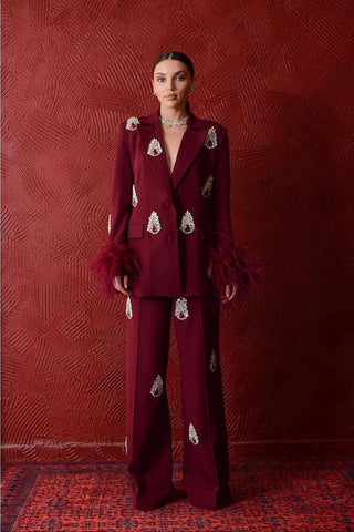 Aurora Embellished Feather-Trim Set – Bordeaux