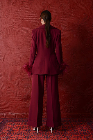 Aurora Feather-Trim Suit – Bordeaux