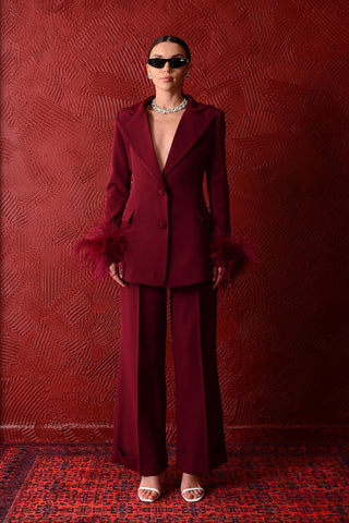 Aurora Feather-Trim Suit – Bordeaux