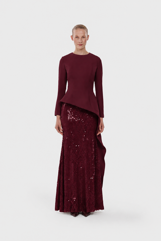 Long-Sleeve Asymmetric Sequin Evening Set - Bordeaux