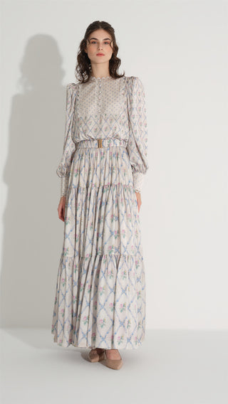 Diamond Pattern Chiffon Satin Dress – Krem