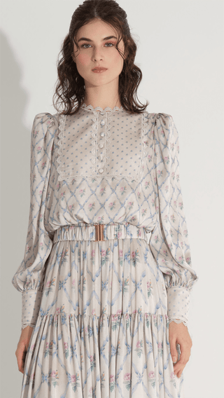 Diamond Pattern Chiffon Satin Dress – Krem