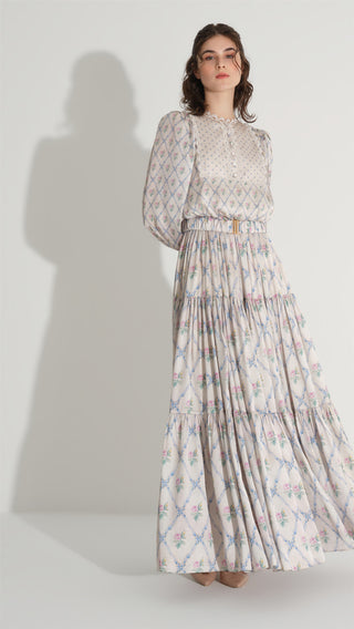 Diamond Pattern Chiffon Satin Dress – Krem