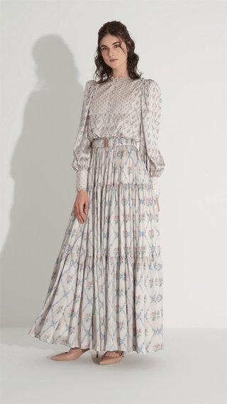 Diamond Pattern Chiffon Satin Dress – Krem