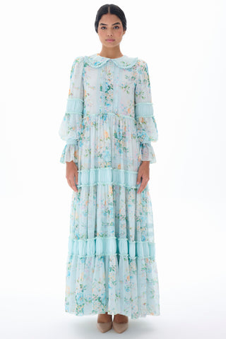 Floral Ruffle Collar Tiered Dress – Mint