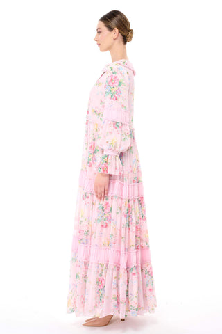 Floral Ruffle Collar Tiered Dress – Pink