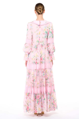 Floral Ruffle Collar Tiered Dress – Pink