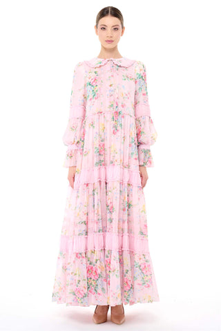 Floral Ruffle Collar Tiered Dress – Pink
