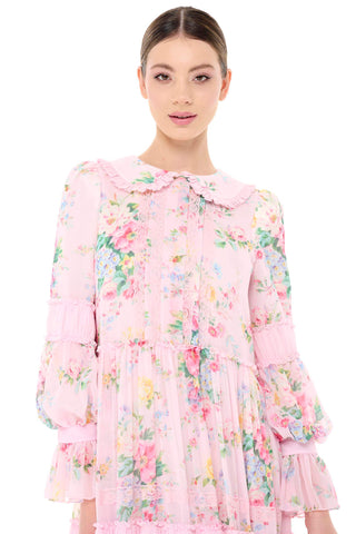 Floral Ruffle Collar Tiered Dress – Pink