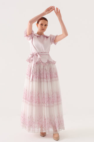 BEBE YAKALI KISA KOL ŞİFON GARNİ ELBİSE Pembe