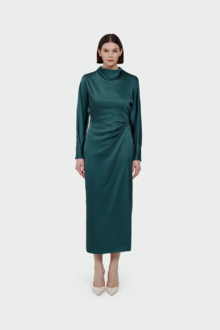 Ruched Waist Satin Midi Dress - Emerald