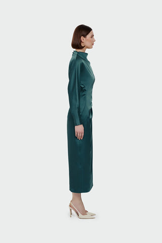 Ruched Waist Satin Midi Dress - Emerald