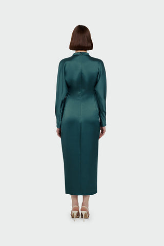 Ruched Waist Satin Midi Dress - Emerald