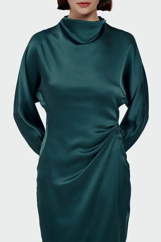 Ruched Waist Satin Midi Dress - Emerald