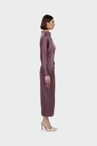 Ruched Waist Satin Midi Dress - Plum