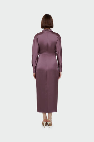 Ruched Waist Satin Midi Dress - Plum