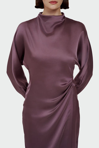 Ruched Waist Satin Midi Dress - Plum