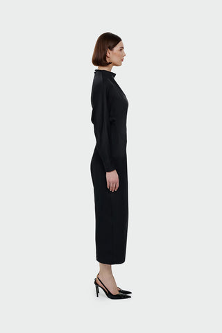 Ruched Waist Satin Midi Dress - Black