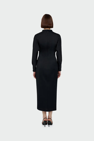 Ruched Waist Satin Midi Dress - Black
