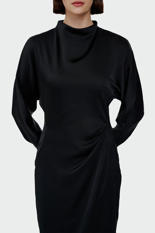 Ruched Waist Satin Midi Dress - Black