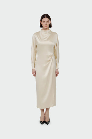Ruched Waist Satin Midi Dress - Cream