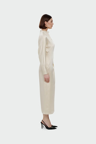 Ruched Waist Satin Midi Dress - Cream