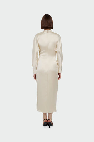Ruched Waist Satin Midi Dress - Cream