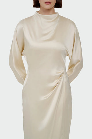 Ruched Waist Satin Midi Dress - Cream