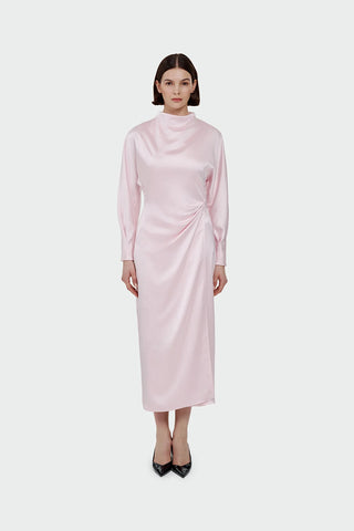 Ruched Waist Satin Midi Dress - Pink