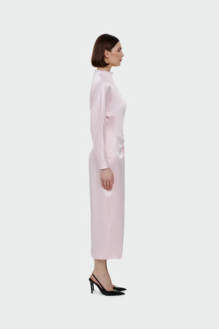 Ruched Waist Satin Midi Dress - Pink