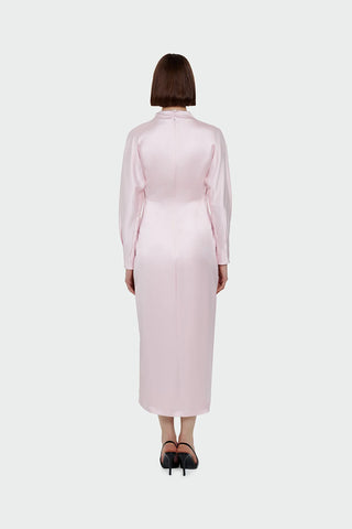 Ruched Waist Satin Midi Dress - Pink
