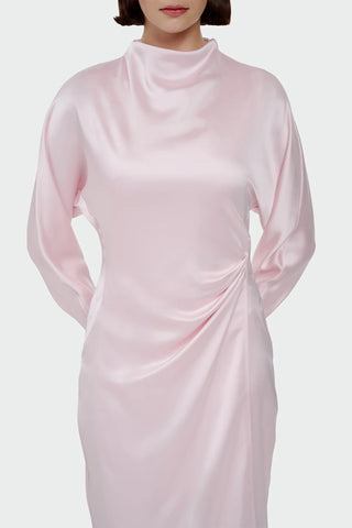 Ruched Waist Satin Midi Dress - Pink