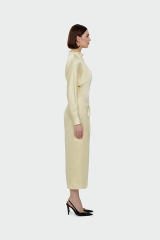 Ruched Waist Satin Midi Dress - Yellow