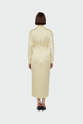Ruched Waist Satin Midi Dress - Yellow