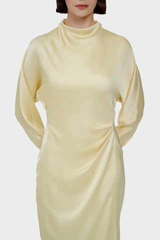 Ruched Waist Satin Midi Dress - Yellow