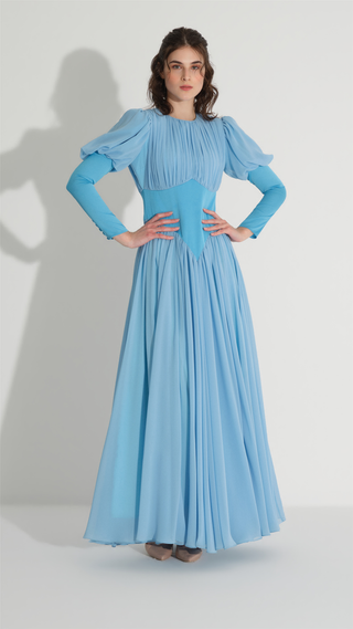 Corset Detail Chiffon Dress – Blue