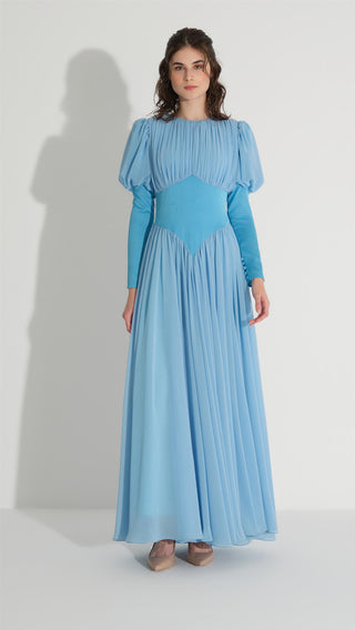 Corset Detail Chiffon Dress – Blue