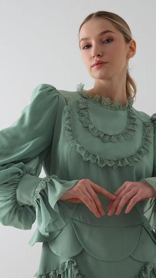 Lace-Trimmed Layered Crepe Dress – Mint