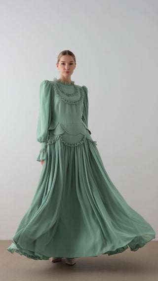 Lace-Trimmed Layered Crepe Dress – Mint