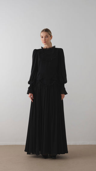 Lace-Trimmed Layered Crepe Dress – Black