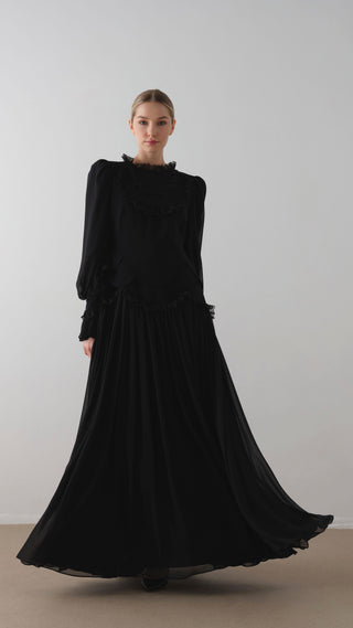 Lace-Trimmed Layered Crepe Dress – Black